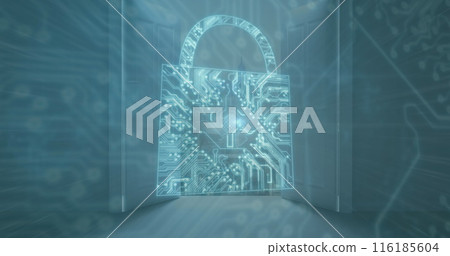 Image of microprocessor connections forming padlock icon against view of cityscape from a window Image of microprocessor connections forming padlock icon against view of cityscape from a window 116185604
