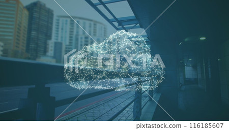 Image of network of connections forming cloud and security padlock icon against city traffic Image of network of connections forming cloud and security padlock icon against city traffic 116185607