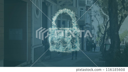Image of security padlock and shield icon against rear view of a woman walking on the street Image of security padlock and shield icon against rear view of a woman walking on the street 116185608
