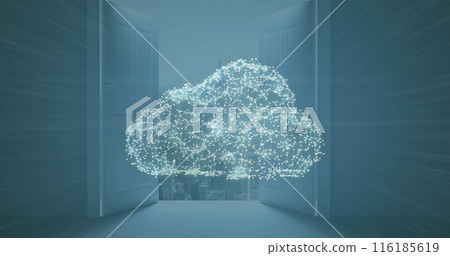 Image of network of connections forming cloud and security padlock icon against cityscape Image of network of connections forming cloud and security padlock icon against cityscape 116185619