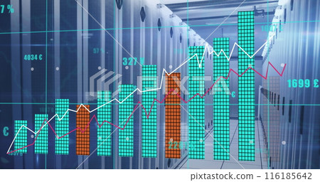 Image of multiple graphs with changing numbers and currency signs over server room 116185642