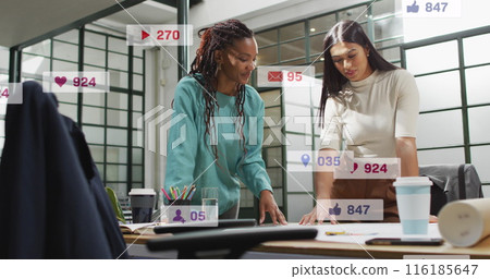 Image of changing numbers and icons in notification bars, female coworkers sharing ideas 116185647