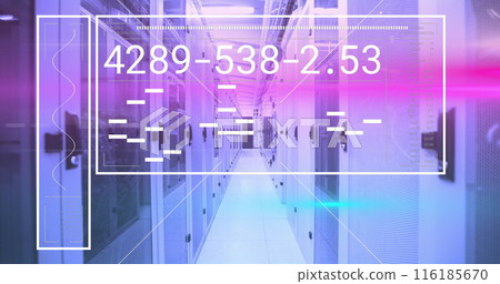 Image of changing numbers, lines and loading bars in rectangle over server room 116185670