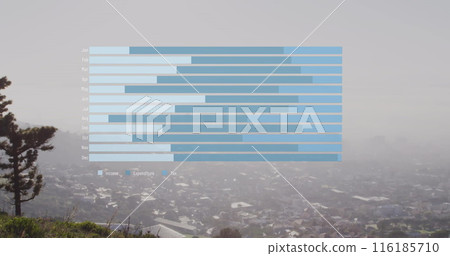 Image of bar graphs over aerial view of modern cityscape against sky 116185710