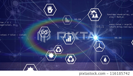 Image of renewable energy icons with connected dots and coding over lens flare 116185742