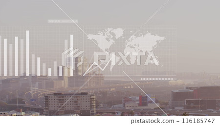 Image of graphs, map and loading bars over modern city against sky 116185747