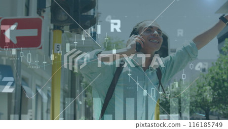 Image of graphs , changing number, biracial man calling on cellphone and raising hand Image of graphs , changing number, biracial man calling on cellphone and raising hand 116185749