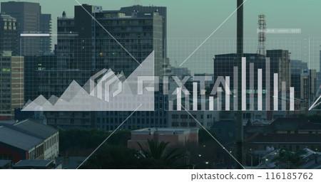 Image of multiple graphs, loading circles and map over modern city against sky Image of multiple graphs, loading circles and map over modern city against sky 116185762