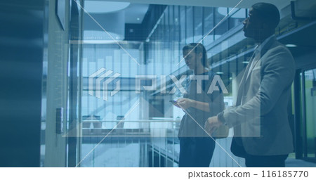 Image of graphs, diverse man looking at watch and woman using phone while waiting for elevator Image of graphs, diverse man looking at watch and woman using phone while waiting for elevator 116185770