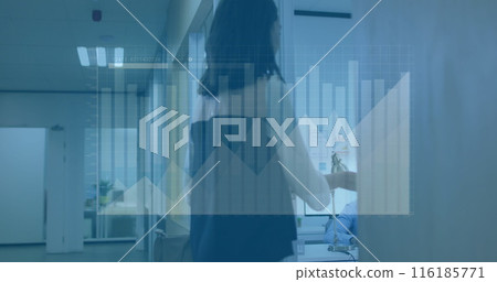 Image of graphs and loading bar over biracial woman walking in office and opening door Image of graphs and loading bar over biracial woman walking in office and opening door 116185771