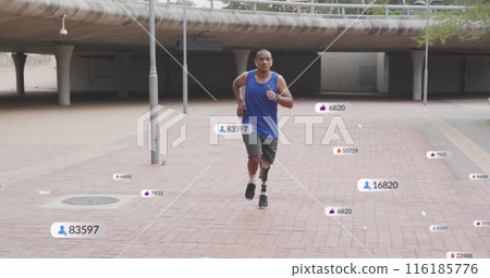 Image of notification bars over african american handicap man running wearing headphone 116185776