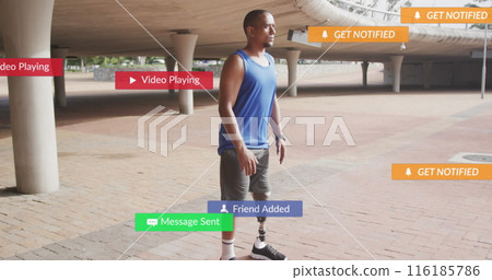 Image of notification bars over biracial athlete performing squats in ground Image of notification bars over biracial athlete performing squats in ground 116185786