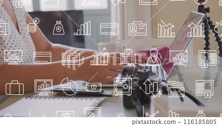 Image of multiple icons over midsection of caucasian woman using laptop Image of multiple icons over midsection of caucasian woman using laptop 116185805