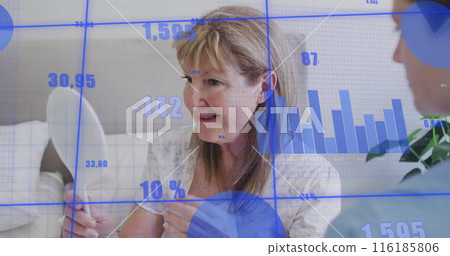 Image of multiple graph with changing numbers, caucasian woman styling hair using mirror Image of multiple graph with changing numbers, caucasian woman styling hair using mirror 116185806