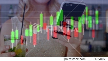 Image of grid pattern and graph over caucasian woman holding drink and using cellphone 116185807