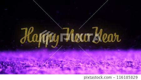 Golden Happy New Year text glowing against purple background 116185829
