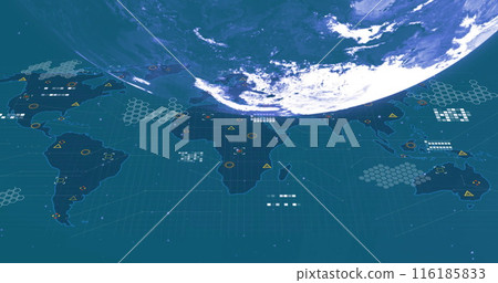 Digital Earth map displays data points and network connections across continents Digital Earth map displays data points and network connections across continents 116185833