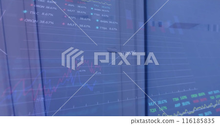 Caucasian male lead, 51, wearing formal suit, examining financial graphs on a screen 116185835