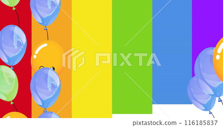 Colorful balloons floating against vibrant multicolored background 116185837