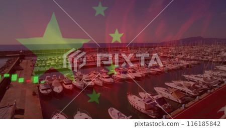 Boats docking in busy marina under a colorful sky Boats docking in busy marina under a colorful sky 116185842