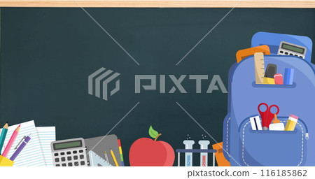 Colored pencils, notebooks, and an apple lie before a blackboard 116185862