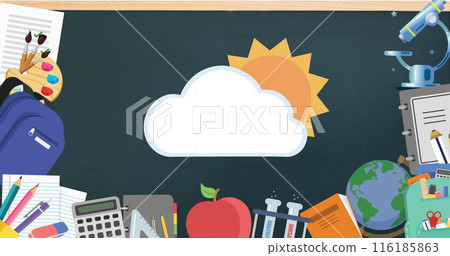 School supplies encircling chalkboard showcasing colorful icons 116185863