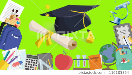 School supplies covering vibrant green background School supplies covering vibrant green background 116185864