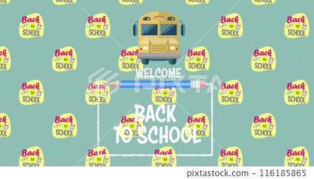 Yellow bus and Back to School signs dominating yellow background Yellow bus and Back to School signs dominating yellow background 116185865