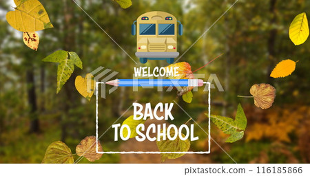 School bus in autumn forest welcoming students back 116185866