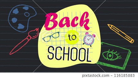 Colorful Back to School text sitting among various school supplies Colorful Back to School text sitting among various school supplies 116185883