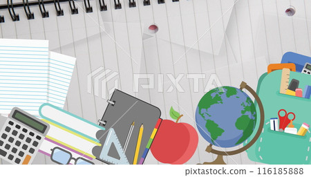School supplies scattering across desk, featuring a globe and apple 116185888