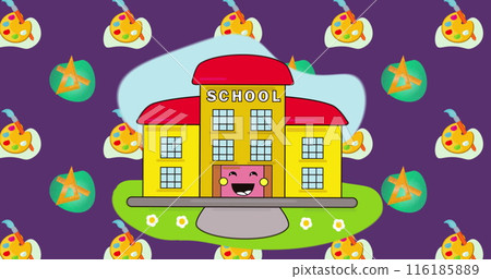 A cartoon-style school building, surrounded by apples and butterflies, smiling A cartoon-style school building, surrounded by apples and butterflies, smiling 116185889
