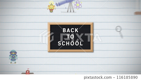 School-themed items encircling black background, displaying BACK TO SCHOOL School-themed items encircling black background, displaying BACK TO SCHOOL 116185890