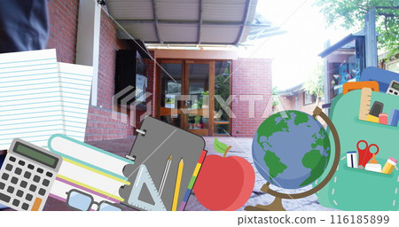 School supplies are scattered in front of school building 116185899