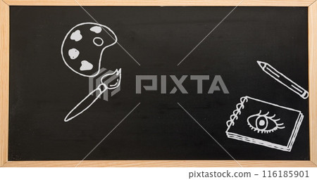 School blackboard displaying drawings of paint palette, brush, knife, and notepad School blackboard displaying drawings of paint palette, brush, knife, and notepad 116185901