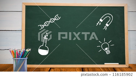 School blackboard displays drawings of DNA, magnet, a flask, and a light bulb School blackboard displays drawings of DNA, magnet, a flask, and a light bulb 116185902