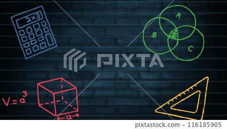 Colorful chalk drawings of mathematical symbols decorating school wall Colorful chalk drawings of mathematical symbols decorating school wall 116185905