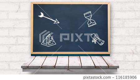 School blackboard displaying drawings of arrow, pyramid, hourglass, and diploma School blackboard displaying drawings of arrow, pyramid, hourglass, and diploma 116185906