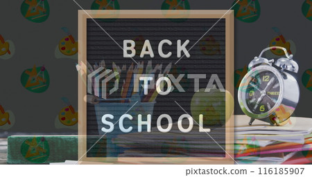 School scene shows chalkboard with BACK TO SCHOOL written on it School scene shows chalkboard with BACK TO SCHOOL written on it 116185907