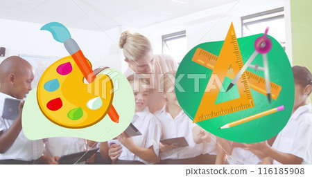 Caucasian teacher/college student aids diverse students with tablets in school Caucasian teacher/college student aids diverse students with tablets in school 116185908