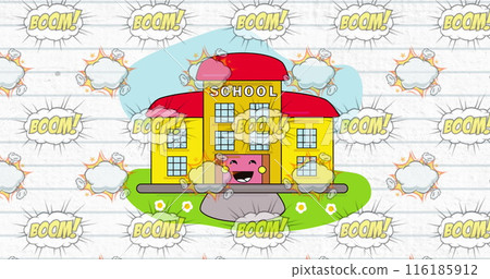Cartoon school building exploding with BOOM! texts around Cartoon school building exploding with BOOM! texts around 116185912