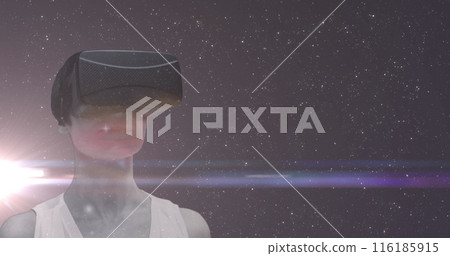 Caucasian female manager wearing virtual reality headset, exploring space Caucasian female manager wearing virtual reality headset, exploring space 116185915