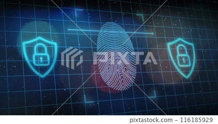 Fingerprint surrounded by digital locks, symbolizing security 116185929