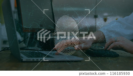 Two people, studying digital fingerprints on laptop, enhancing security measures Two people, studying digital fingerprints on laptop, enhancing security measures 116185930