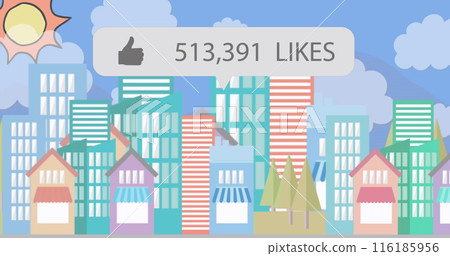 Small houses standing in front of tall buildings on blue background Small houses standing in front of tall buildings on blue background 116185956