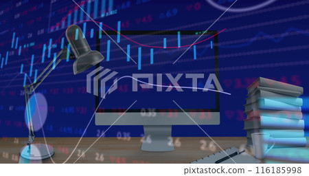 Desk lamp lighting up computer screen showing stock market charts Desk lamp lighting up computer screen showing stock market charts 116185998