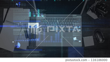 Laptop showing graphs and code overlays on dark desk Laptop showing graphs and code overlays on dark desk 116186000