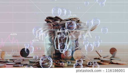 Coins filling glass jar, digital graphs hovering nearby Coins filling glass jar, digital graphs hovering nearby 116186001