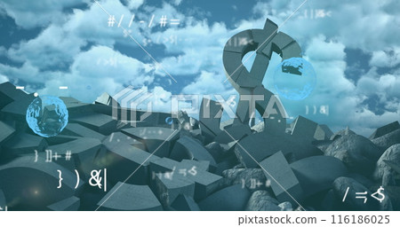 Mathematical symbols scattering among rocks in surreal landscape 116186025