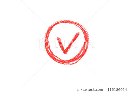 A red pencil sketch of a check mark symbol isolated on a white background. 116186034